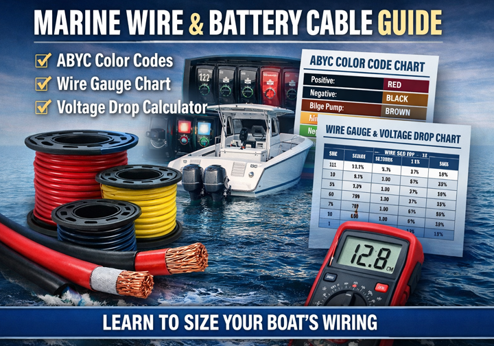 Marine wire and battery cable sizing guide featuring ABYC color code chart, wire gauge chart, voltage drop table, boat electrical system, and tinned copper battery cables